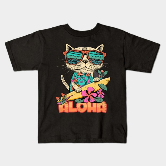 Aloha Surf Cat Hawaii Vintage Kids T-Shirt by Tezatoons